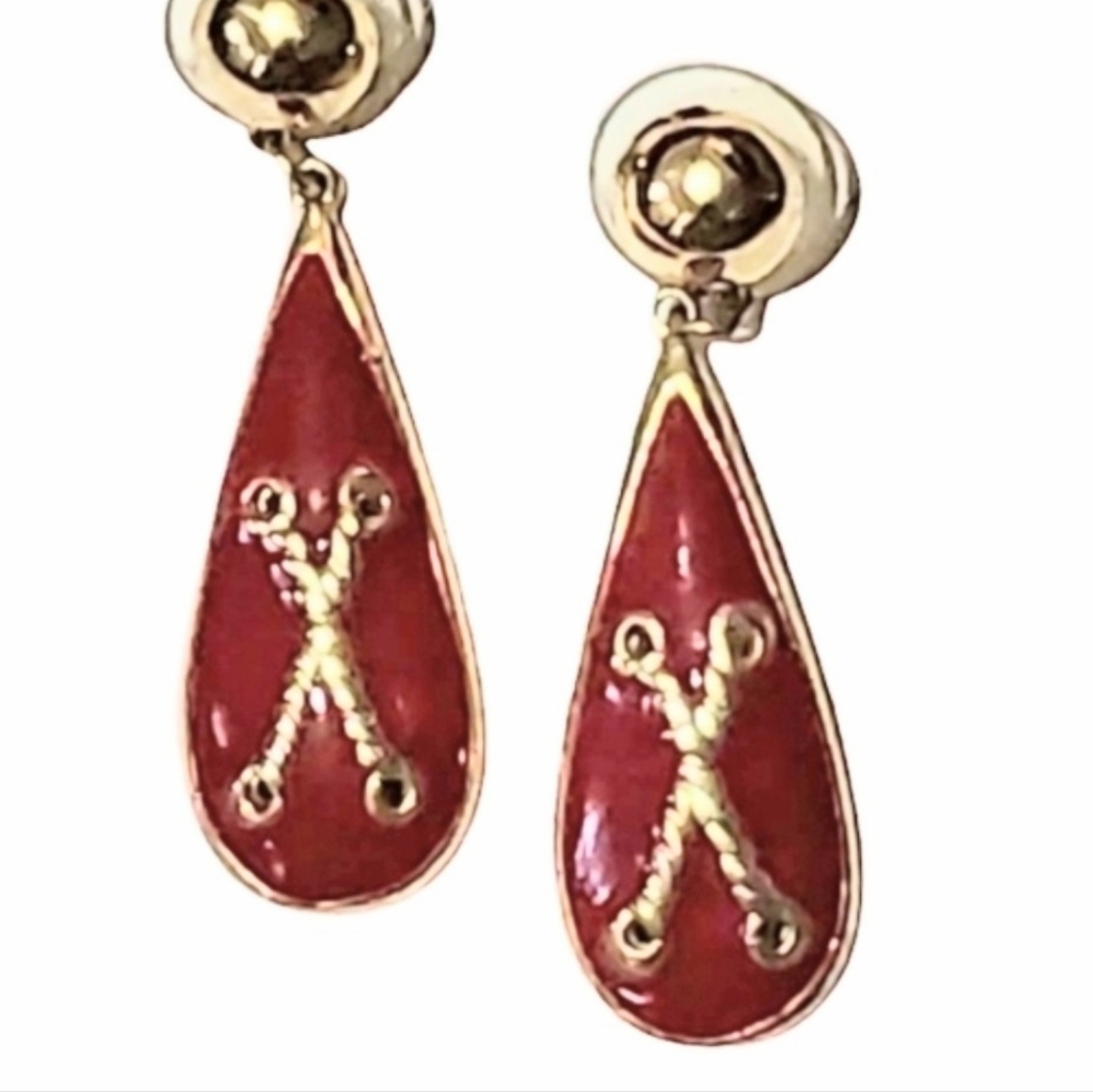 BRIGHT RED POST Dangle Enamel Teardrop Earrings Raised Golden Rope Statement